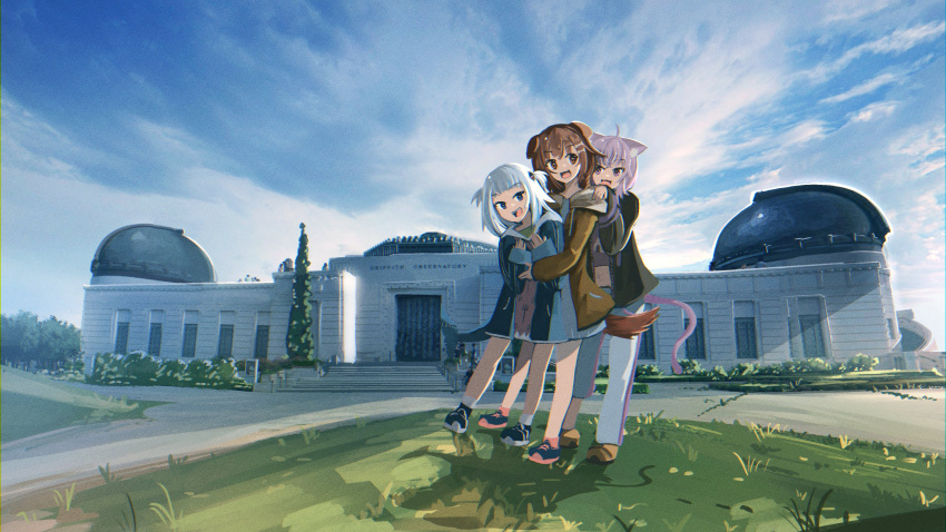 3girls :d absurdres ahoge animal_ear_fluff animal_ears anonamos bangs black_hoodie blue_eyes blue_hair blue_hoodie blunt_bangs bone_hair_ornament brown_hair building cat_girl cat_tail clouds cloudy_sky cropped_hoodie dog_ears dog_girl dog_tail fish_tail full_body gawr_gura grass hair_ornament hands_on_another's_shoulders highres hololive hololive_english hood hood_down hoodie hug hug_from_behind inugami_korone jacket long_hair looking_at_another looking_at_viewer multicolored_hair multiple_girls nekomata_okayu observatory open_clothes open_jacket outdoors pants purple_hair san_francisco shark_tail sky sleeves_past_wrists smile socks standing streaked_hair tail violet_eyes virtual_youtuber white_legwear white_pants yellow_footwear yellow_jacket