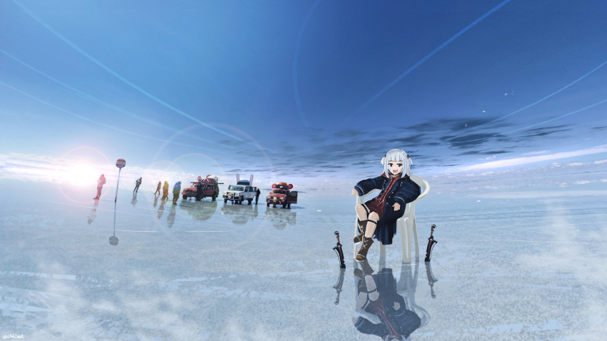 1girl :d alternate_costume anonamos bangs blue_coat blue_eyes blue_hair blue_sky blunt_bangs boots brown_footwear bus_stop_sign car chair coat dagger devil_may_cry_(series) gawr_gura ground_vehicle hair_ornament highres hololive hololive_english ice knife looking_at_viewer medium_hair motor_vehicle multicolored_hair outdoors shark_hair_ornament sharp_teeth sitting sky smile solo streaked_hair teeth two_side_up virtual_youtuber weapon white_hair white_legwear