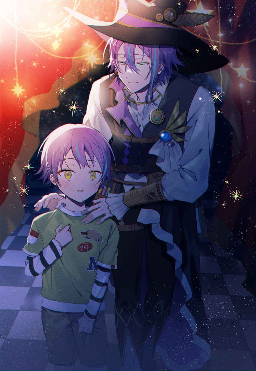 2boys child curtains dual_persona hand_up hat highres kamishiro_rui layered_sleeves long_sleeves male_focus manami_(aph-23) multiple_boys project_sekai purple_hair short_over_long_sleeves short_sleeves time_paradox vest_over_shirt yellow_eyes