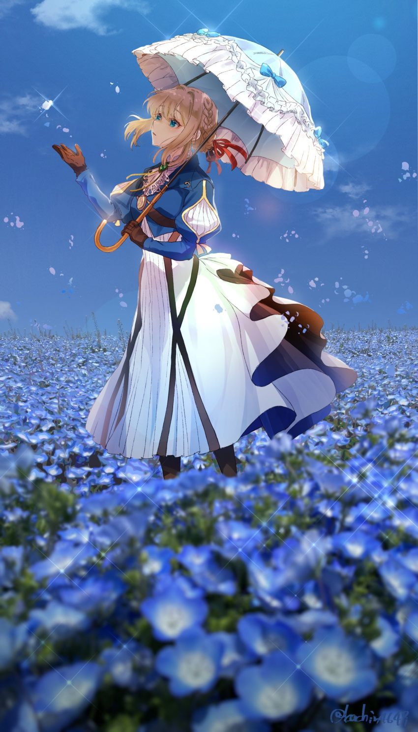 1girl absurdres ascot blonde_hair blue_eyes blue_flower blue_jacket blurry blurry_foreground boots braid braided_bun brooch brown_gloves day dress falling_petals feet_out_of_frame field flower flower_field glint gloves hair_bun hair_ribbon hand_up highres holding holding_umbrella jacket jewelry juliet_sleeves kachin long_sleeves looking_at_object looking_up nemophila_(flower) parasol parted_lips petals puffy_sleeves red_ribbon ribbon solo sparkle standing umbrella violet_evergarden violet_evergarden_(series) white_dress