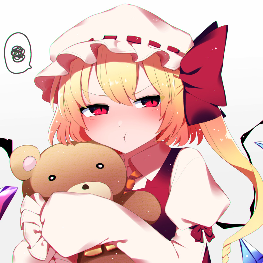 1girl absurdres animal_ears bangs bear_ears blonde_hair blush bow closed_mouth collared_dress commentary_request crystal dark_skin dress eyes_visible_through_hair flandre_scarlet frills grey_background grumpy hair_between_eyes hair_bow hands_up hat highres hug jewelry juliet_sleeves long_sleeves looking_to_the_side mob_cap multicolored_wings necktie one_side_up orange_necktie puffy_long_sleeves puffy_sleeves red_bow red_dress red_eyes shirt short_hair simple_background solo speech_bubble stuffed_animal stuffed_toy teddy_bear touhou toy upper_body v-shaped_eyebrows white_headwear white_shirt wings you_(noanoamoemoe)