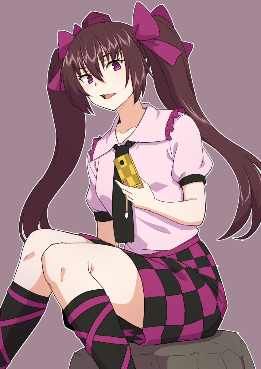 1girl bangs brown_background brown_hair cellphone checkered_clothes checkered_skirt hair_between_eyes hat highres himekaidou_hatate holding holding_phone kakone long_hair looking_at_viewer one-hour_drawing_challenge open_mouth phone pink_shirt pink_skirt purple_headwear shirt short_hair simple_background sitting skirt smartphone solo tokin_hat touhou twintails violet_eyes