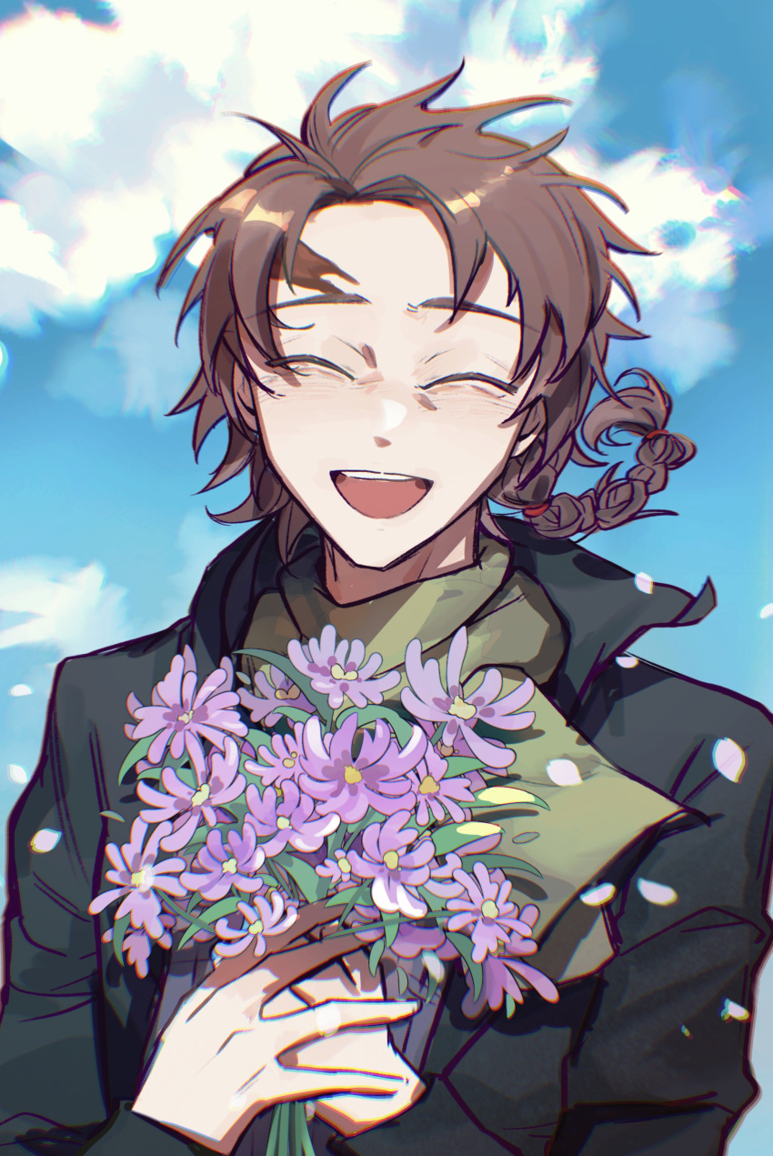 1boy absurdres black_jacket bouquet braid brown_hair chinese_commentary closed_eyes clouds commentary_request daisy duozaiduonan flower green_scarf harada_minoru highres holding holding_bouquet jacket long_sleeves male_focus open_clothes open_jacket open_mouth purple_flower purple_sweater ribbed_sweater saibou_shinkyoku scar scar_on_face scar_on_forehead scarf sky smile solo sweater teeth upper_teeth