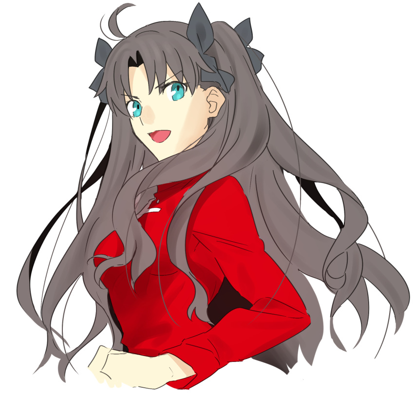 1girl ahoge black_hair blouse blue_eyes breasts fate/stay_night fate_(series) hair_ribbon highres long_hair looking_at_viewer open_mouth red_shirt ribbon sen_(77nuvola) shirt simple_background smile solo tohsaka_rin twintails upper_body white_background