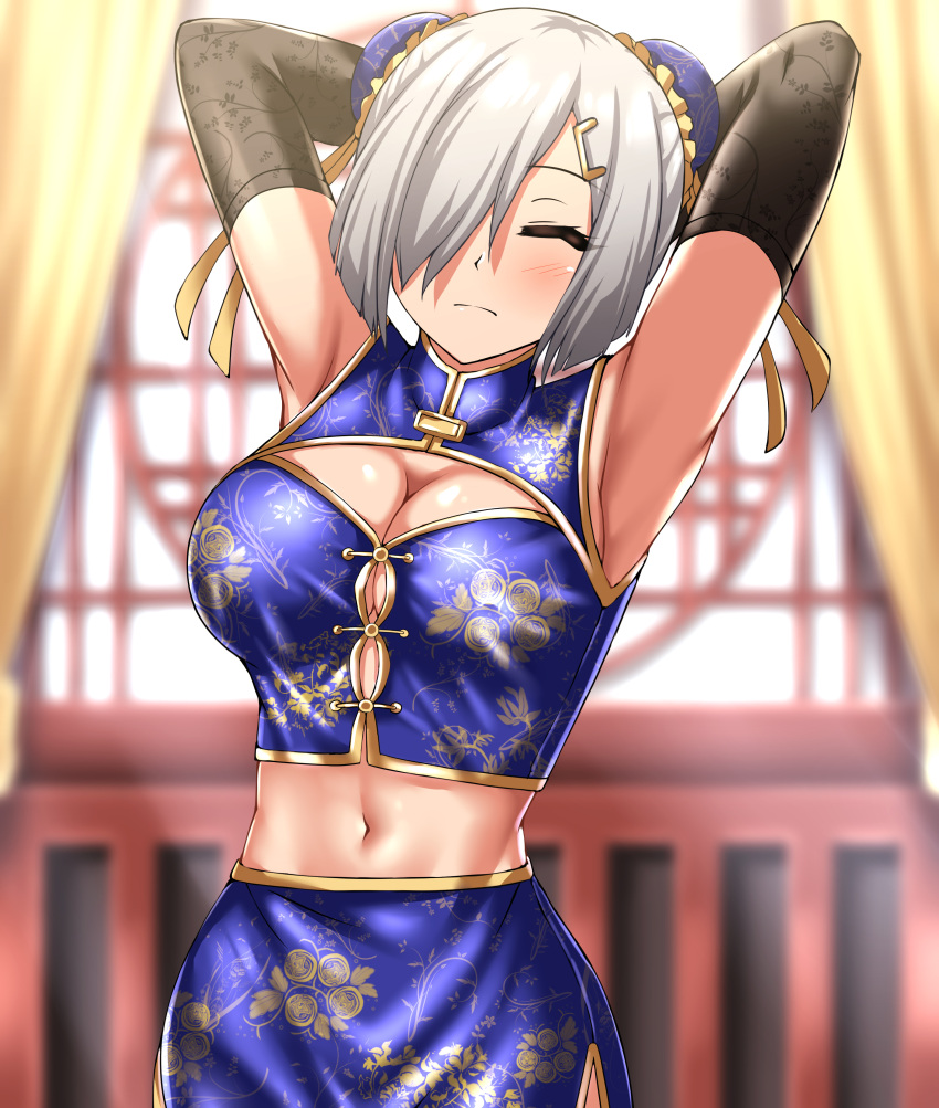 1girl absurdres alternate_costume alternate_hairstyle armpits arms_behind_head arms_up black_gloves breasts bun_cover chinese_clothes closed_eyes double_bun elbow_gloves gloves grey_hair hair_bun hair_ornament hair_over_one_eye hairclip hamakaze_(kancolle) highres kantai_collection large_breasts midriff navel short_hair sleeveless solo upper_body zanntetu