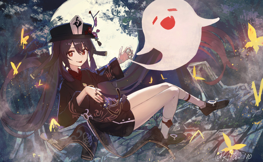 1girl aito black_nails black_shorts brown_hair bug butterfly chinese_clothes coat coattails flower flower-shaped_pupils full_body genshin_impact ghost hat hat_ornament highres hu_tao_(genshin_impact) jewelry looking_at_viewer moon plum_blossoms porkpie_hat red_eyes ring shorts symbol-shaped_pupils thighs tongue tongue_out twintails white_legwear
