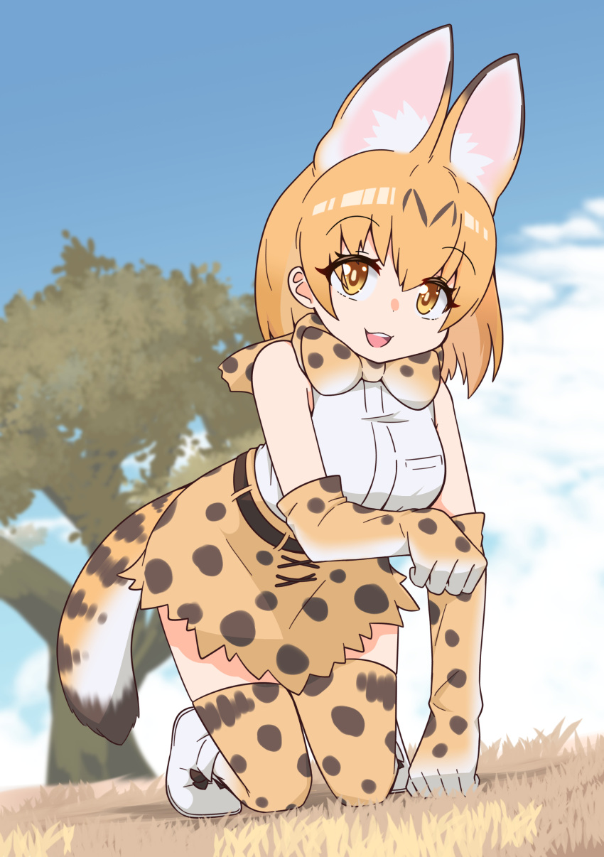 1girl absurdres animal_ears animal_print arm_support bangs bare_shoulders bent_over black_hair bow bowtie breast_pocket breasts colored_inner_hair day dutch_angle elbow_gloves extra_ears full_body gloves grass high-waist_skirt highres kemono_friends kneeling looking_at_viewer medium_breasts medium_hair miniskirt multicolored_hair nyaseiru open_mouth orange_hair outdoors paw_pose pocket print_bow print_bowtie print_gloves print_legwear print_scarf print_skirt savannah scarf serval_(kemono_friends) serval_print shirt shoes skirt sleeveless sleeveless_shirt smile solo tail taut_clothes taut_shirt thigh-highs tree two-tone_hair yellow_eyes zettai_ryouiki