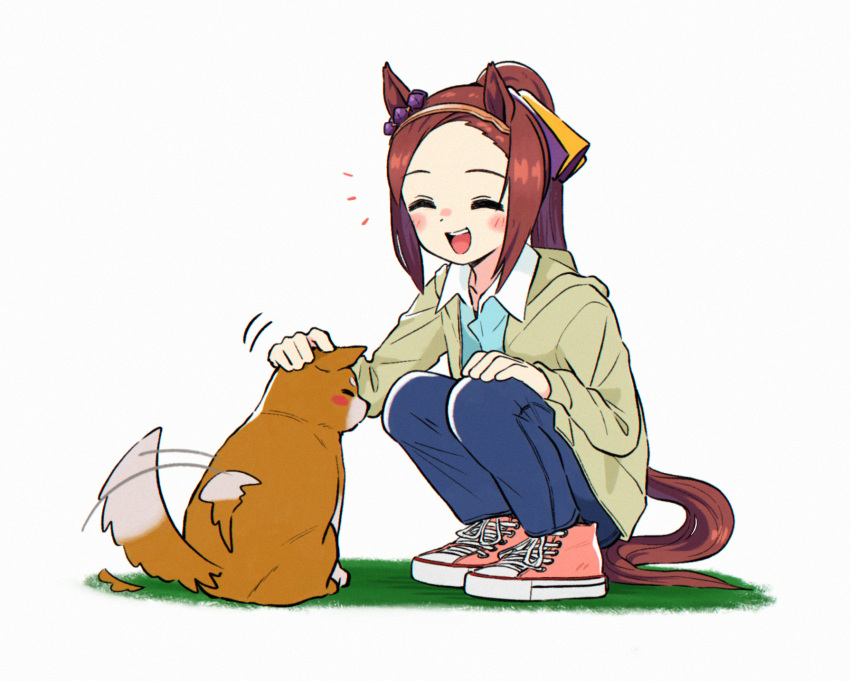 1girl ^_^ afterimage animal_ears appleq blue_pants blue_shirt blush_stickers brown_hair closed_eyes closed_mouth collared_shirt dog full_body hairband highres horse_ears horse_girl horse_tail jacket long_hair long_sleeves notice_lines open_mouth pants petting pink_footwear ponytail sakura_bakushin_o_(umamusume) shirt shoes smile sneakers solo speed_lines squatting tail tail_wagging umamusume yellow_jacket