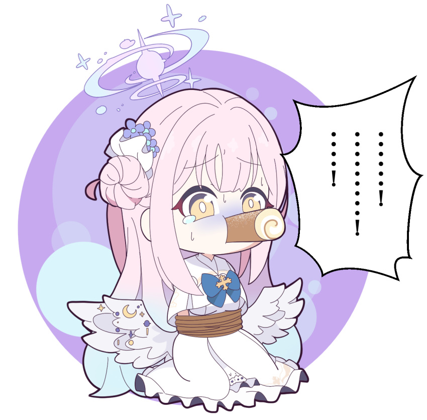...! 1girl bangs blue_archive blue_bow blue_flower bound bow cake capelet chibi commentary_request dress feathered_wings flower food food_in_mouth frilled_dress frills hair_bun hair_flower hair_ornament halo highres long_hair low_wings mika_(blue_archive) nyaru_(nyaru_4126) pink_hair restrained single_side_bun solo sweat swiss_roll tears tied_up_(nonsexual) turn_pale very_long_hair white_capelet white_dress white_wings wings yellow_eyes