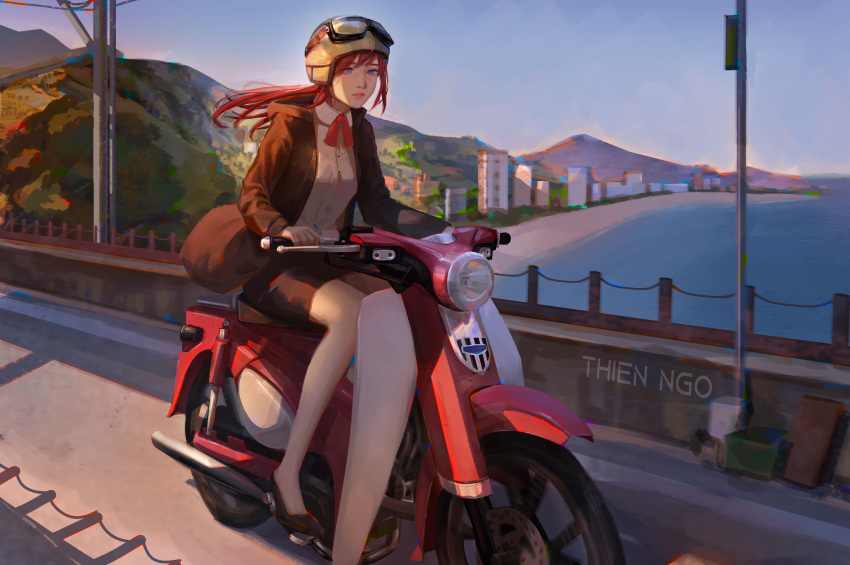 1girl absurdres artist_name beach blue_eyes city driving goggles goggles_on_headwear ground_vehicle helmet high_heels highres hill motor_vehicle motorcycle mountain ocean original parted_lips redhead shore thien_ngo