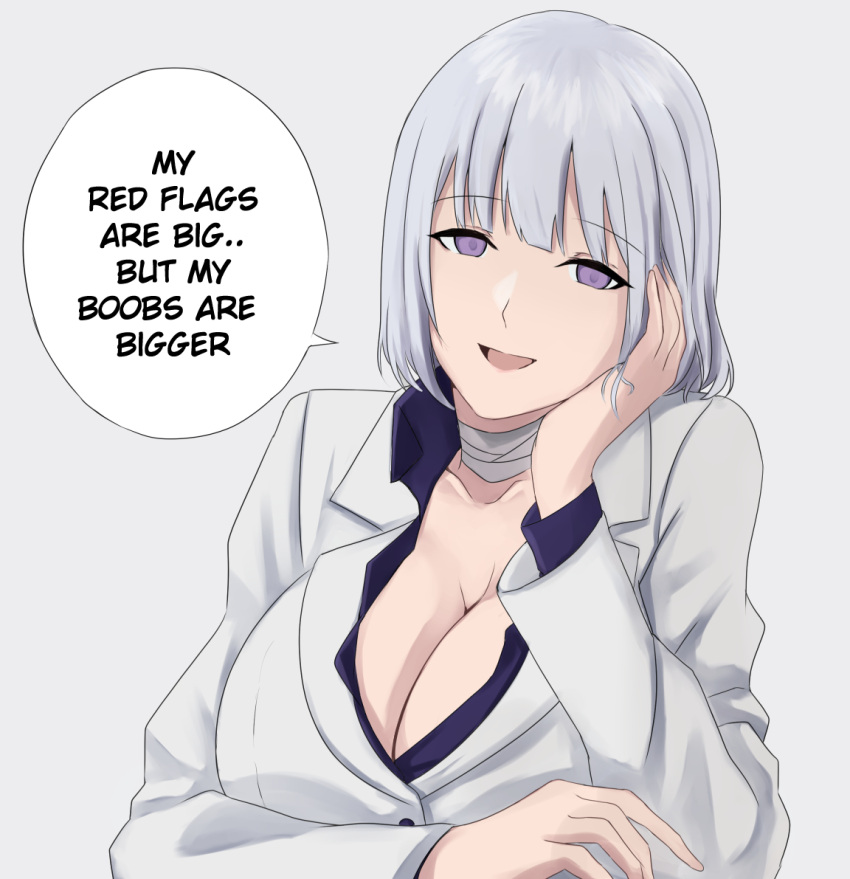1girl bandaged_neck bandages breasts business_suit cyka english_text formal girls_frontline grey_hair grey_suit hand_on_own_cheek hand_on_own_face hand_rest large_breasts long_sleeves looking_at_viewer rpk-16_(girls'_frontline) short_hair solo speech_bubble suit violet_eyes