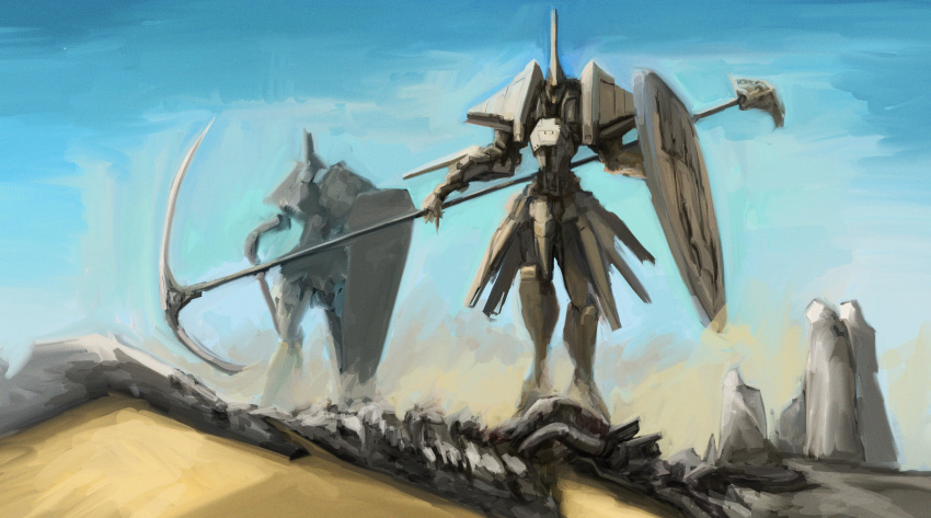 absurdres dashimaki_(dasimakitama50) highres holding holding_scythe holding_shield mecha no_humans original robot science_fiction scythe shield sketch sky solo_focus walking