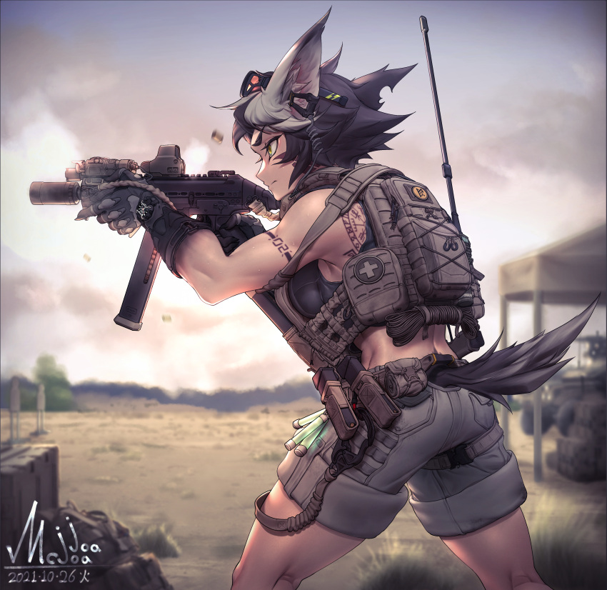 absurdres animal_ears antennae b&amp;t_apc backpack bag bulletproof_vest eyewear_on_head firing first_aid_kit glowstick gun highres holding holding_weapon kemonomimi_mode looking_to_the_side mcjoajoa military monster_girl muscular muscular_female optical_sight original shooting_range shorts sports_bra submachine_gun suppressor tail tattoo weapon