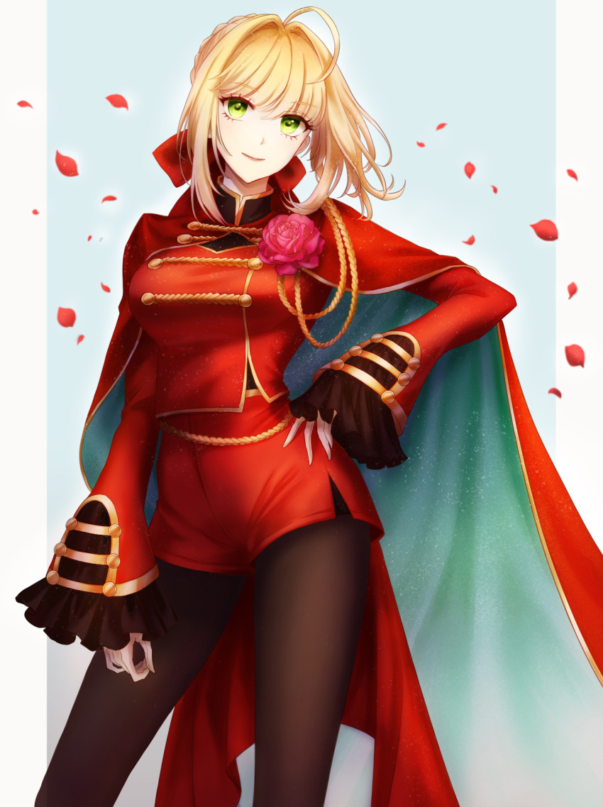 1girl ahoge black_legwear blonde_hair blue_background bow cape closed_mouth contrapposto fate/extra fate_(series) green_eyes hair_bow hair_intakes hand_on_hip hand_on_own_hip highres legwear_under_shorts long_hair nero_claudius_(fate) pantyhose petals red_bow red_cape red_shorts sapphirez39 short_shorts shorts side_slit side_slit_shorts sleeves_past_wrists smile solo standing