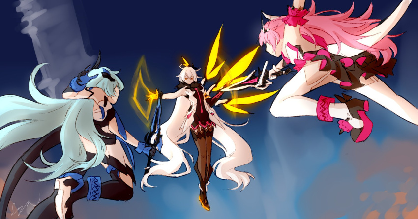 3girls ahoge back bangs black_footwear black_gloves blue_eyes blue_sky boots brown_legwear cloud_ya company_connection dress full_body genshin_impact gloves hair_ornament highres holding holding_sword holding_weapon honkai_(series) honkai_impact_3rd horns kiana_kaslana kiana_kaslana_(herrscher_of_the_void) liliya_olenyeva long_hair looking_at_another mihoyo_technology_(shanghai)_co._ltd. multiple_girls multiple_tails parody pink_eyes rozaliya_olenyeva siblings single_horn single_wing sky sleeveless sleeveless_dress sword tail thigh-highs thigh_boots trait_connection twins weapon white_dress white_footwear white_gloves white_hair wings yellow_eyes