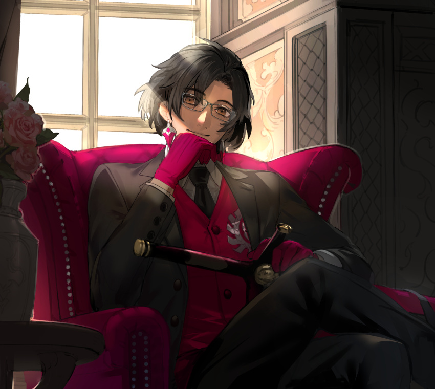 1boy absurdres armchair bangs black_hair black_jacket black_necktie black_pants brown_eyes chair closed_mouth collared_shirt constantine_xi_(fate) crossed_legs earrings fate/grand_order fate_(series) feet_out_of_frame flower formal glasses gloves hand_up highres jacket jewelry looking_at_viewer male_focus necktie on_chair open_clothes open_jacket pants parted_bangs pink_flower pink_rose ragu_(ragu00) red_gloves red_vest rose shirt sitting smile solo suit vase vest white_shirt window