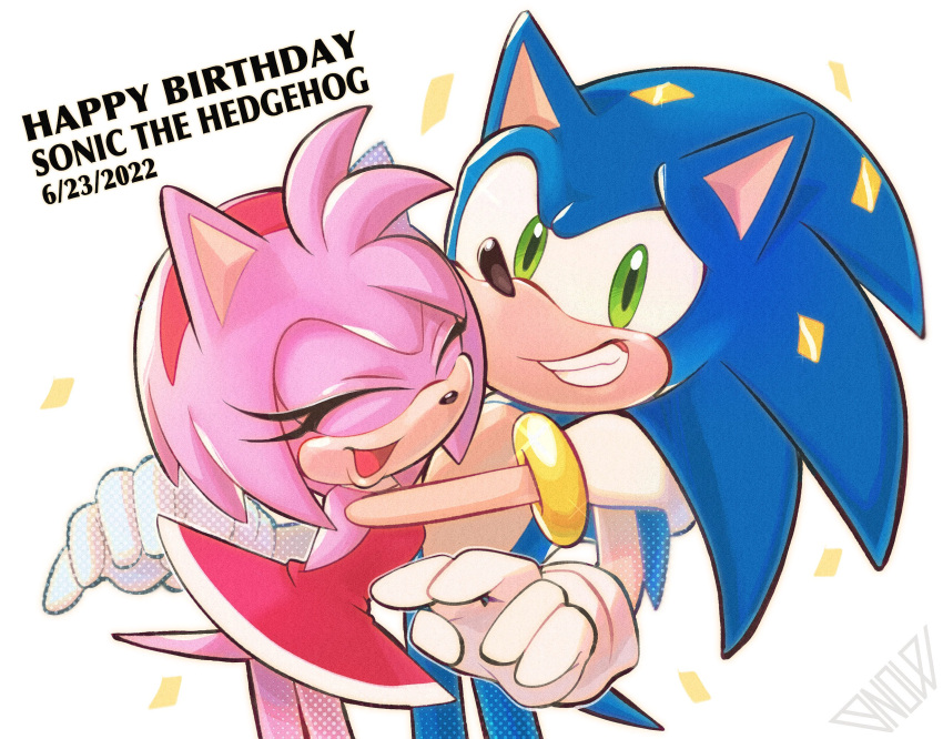 1boy 1girl amy_rose blue_fur bracelet closed_eyes confetti dress furry furry_female furry_male gloves green_eyes grin happy_birthday highres hug jewelry looking_at_viewer m516 nervous_smile pink_fur red_dress sega simple_background smile sonic_(series) sonic_the_hedgehog white_background white_gloves