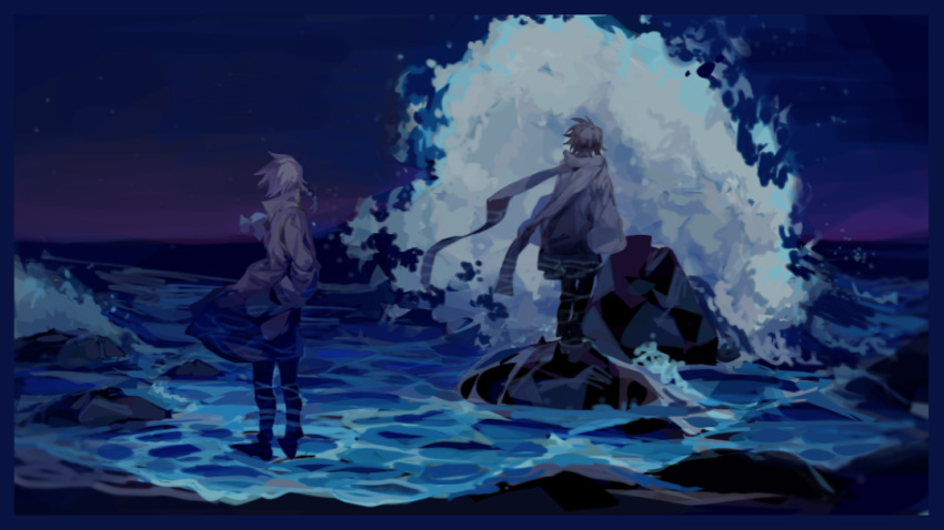 2boys azuco blue_theme braid coat hands_in_pockets harada_minoru long_sleeves multiple_boys night night_sky ocean outdoors rock saibou_shinkyoku short_hair sky stole utsugi_noriyuki wading water waves