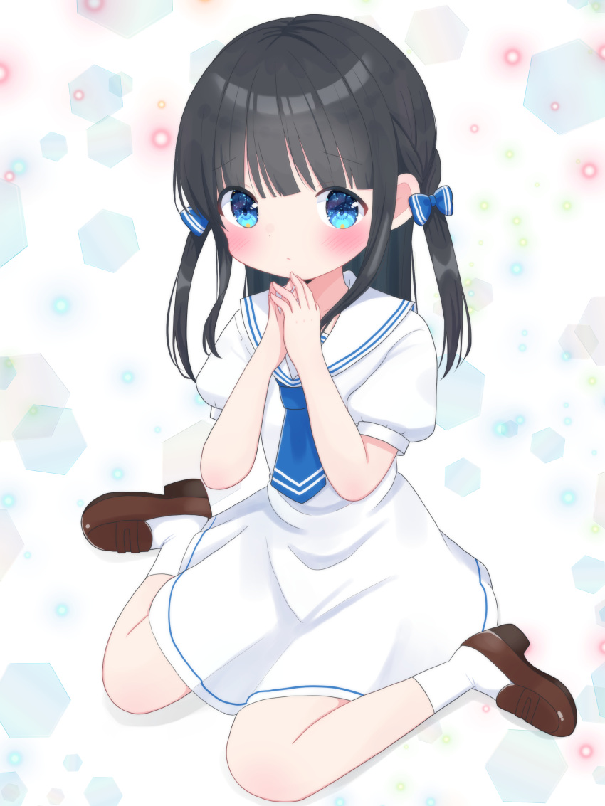 1girl absurdres bangs black_hair blue_eyes blunt_bangs blush bow dress hair_bow hands_up highres loafers long_hair looking_at_viewer neckerchief nekomura_yuyuko original own_hands_together sailor_dress shoes sitting socks solo two_side_up wariza