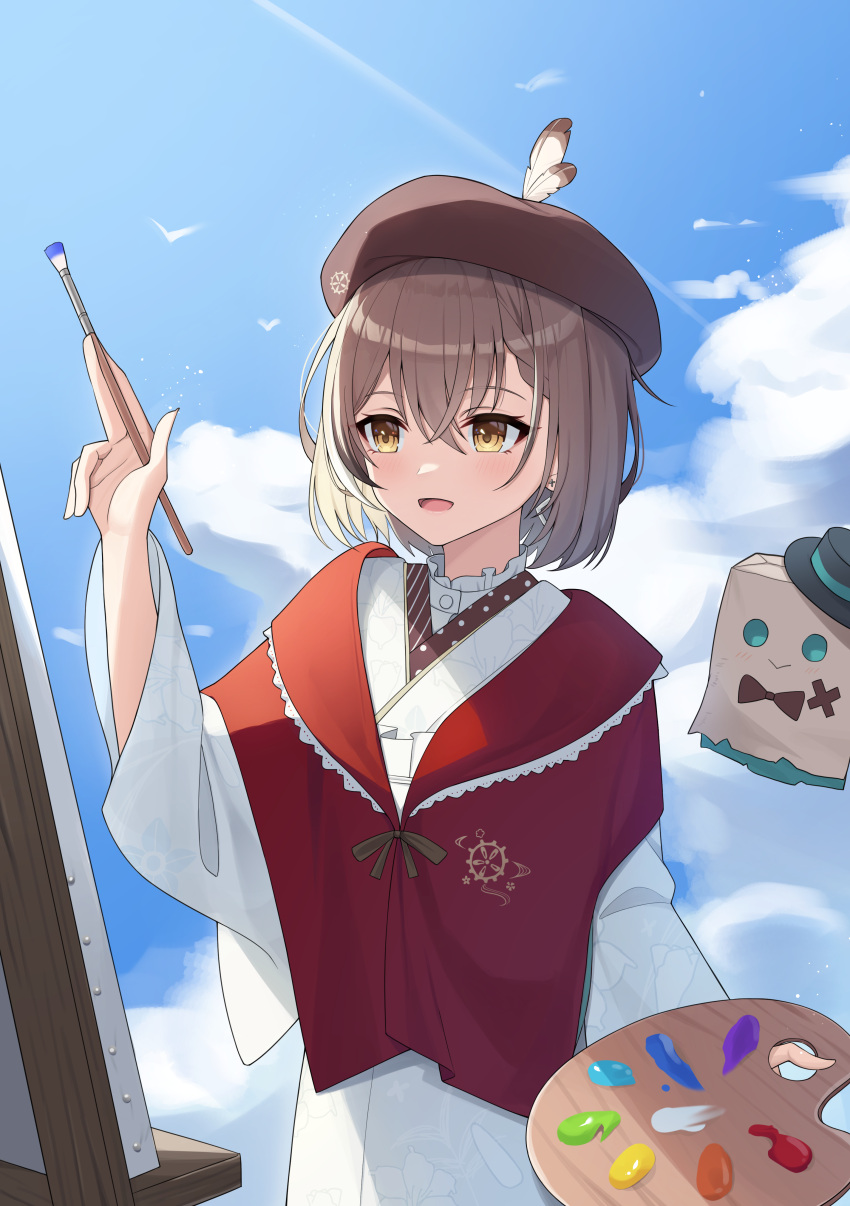 1girl :&gt; absurdres bangs beret bird bow bowtie braid braided_bangs brown_eyes brown_hair clouds cloudy_sky earrings easel feathers floral_print friend_(nanashi_mumei) hat highres hololive hololive_english japanese_clothes jewelry kimono light_rays multicolored_hair nanashi_mumei official_alternate_costume paintbrush palette_(object) print_kimono red_shawl ribbon shawl short_hair single_earring sky streaked_hair top_hat virtual_youtuber white_kimono wide_sleeves woogi