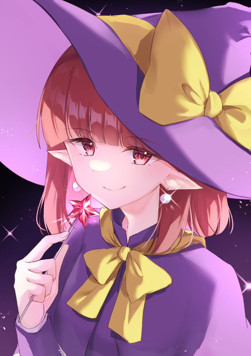 1girl absurdres ameria_(artist) bow bowtie capelet closed_mouth commentary_request dress earrings happy hat hat_bow highres holding holding_wand jewelry kirisame_marisa kirisame_marisa_(pc-98) looking_at_viewer pointy_ears purple_capelet purple_dress purple_headwear red_eyes redhead short_hair smile star_wand story_of_eastern_wonderland touhou touhou_(pc-98) upper_body wand witch witch_hat yellow_bow yellow_bowtie