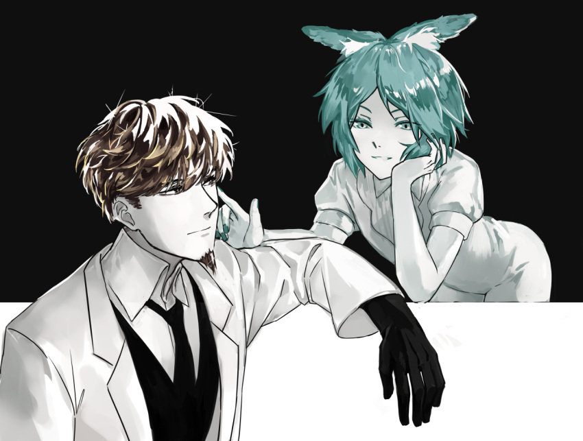 1boy 1other alternate_race animal_ear_fluff animal_ears aqua_eyes aqua_hair aqua_nails arm_rest bangs barbata black_gloves black_necktie black_vest brown_hair closed_mouth collared_shirt commentary crystal_hair english_commentary facial_hair gem_uniform_(houseki_no_kuni) gloves goatee hand_on_own_cheek hand_on_own_face head_rest houseki_no_kuni labcoat leaning_forward light_smile long_sleeves looking_at_another moon_uniform_(houseki_no_kuni) necktie phosphophyllite poking puffy_short_sleeves puffy_sleeves rabbit_ears shirt short_hair short_sleeves sideburns sideways_glance sleeves_folded_up smile sparkle vest zakirsiz