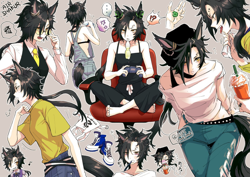 !? ... 1girl =3 air_shakur_(umamusume) alternate_costume anger_vein animal_ears bangs bare_shoulders bespectacled black_bra black_hair black_pants black_vest bottle bra bracelet breasts camisole character_name chibi clover collarbone collared_shirt controller cup disposable_cup dualshock earpiece eyebrow_piercing flying_sweatdrops four-leaf_clover game_controller gamepad glasses green_pants grey_background hi_(ibisf5umauma) high_tops highres holding holding_bottle holding_controller horse_ears horse_girl horse_tail jewelry long_hair long_sleeves motion_lines mouth_hold multiple_views musical_note neckerchief off_shoulder overalls pants papico_(ice_cream) parted_bangs piercing playstation_controller race_bib sharp_teeth shirt shoes short_hair simple_background sitting small_breasts sneakers spoken_anger_vein spoken_ellipsis spoken_interrobang spoken_squiggle squiggle tail teeth tongue tongue_out toothbrush umamusume underwear vest water_bottle white_shirt yellow_eyes yellow_neckerchief