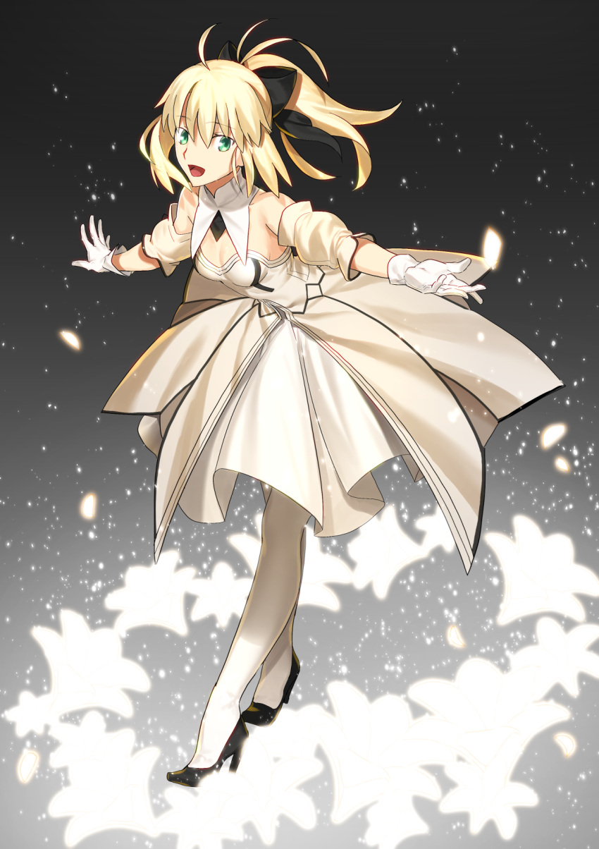 1girl ahoge artoria_pendragon_(fate) bangs blonde_hair breasts eyebrows_behind_hair fate/grand_order fate_(series) gloves green_eyes hair_ribbon highres long_sleeves looking_at_viewer official_style open_mouth ponytail ribbon saber_lily sen_(77nuvola) skirt smile solo thigh-highs white_gloves white_legwear