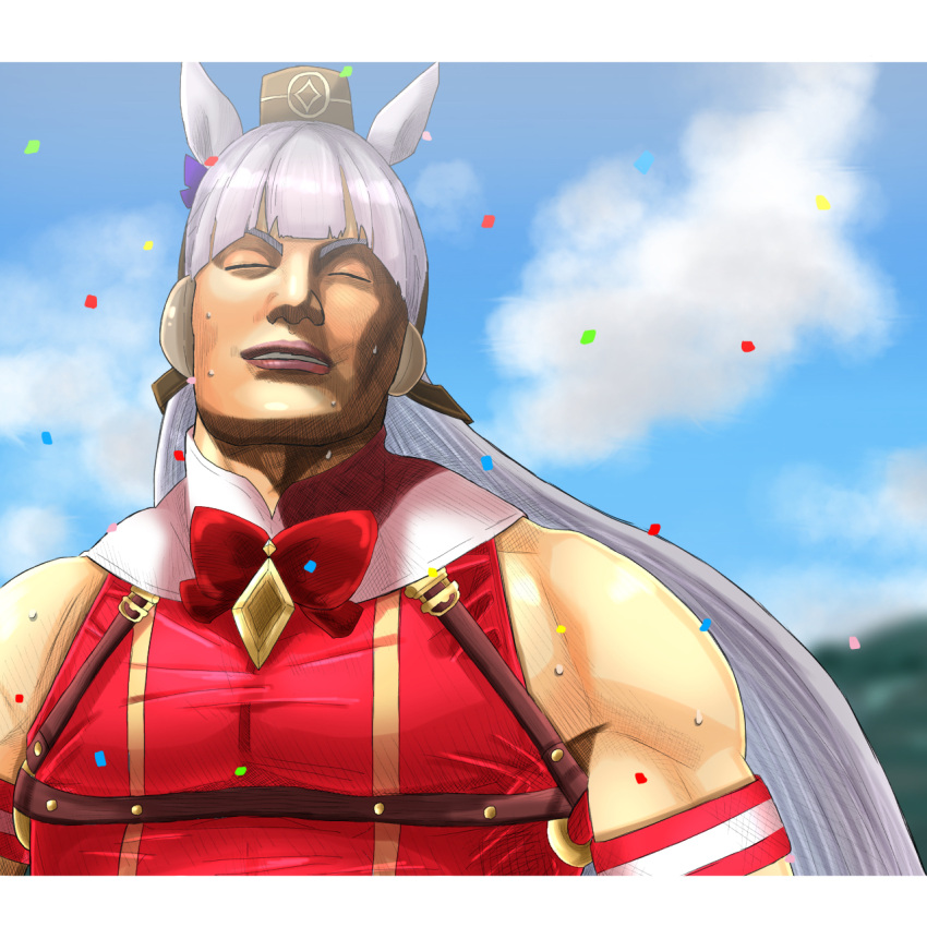 1girl animal_ears bangs blue_sky blunt_bangs bow bowtie clouds commentary_request confetti day final_fantasy final_fantasy_x gold_ship_(umamusume) grey_hair highres horse_ears horse_girl long_hair meme momosu102 muscular muscular_female open_mouth outdoors pillbox_hat red_bow red_bowtie red_shirt shirt sky sleeveless sleeveless_shirt smile spread_legs tail tidus_no_chinpo_kimochiyo_sugidaro!_(meme) translation_request umamusume upper_body wakka