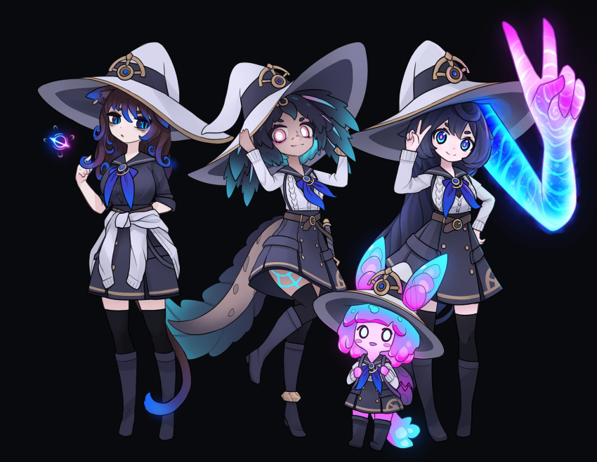 4girls alexis_pflaum aqua_hair arms_up belt black_background black_footwear black_hair black_legwear black_shirt black_skirt blue_eyes blue_hair blue_neckerchief boots gradient_hair hat height_difference highres long_hair looking_at_viewer multicolored_hair multiple_girls neckerchief no_nose original shirt simple_background skirt thigh-highs v witch witch_hat