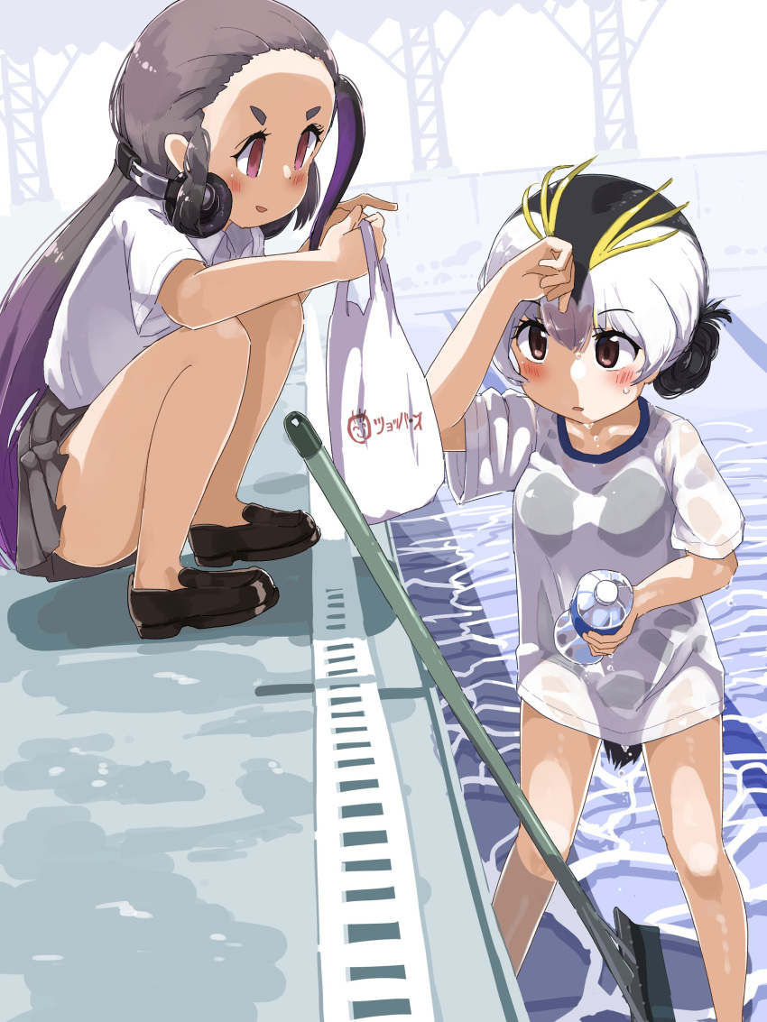 2girls absurdres alternate_costume alternate_hairstyle bag black_hair blonde_hair bottle brown_eyes brown_footwear giant_penguin_(kemono_friends) grey_hair grey_skirt gym_shirt hair_between_eyes hair_bun highres iwa_(iwafish) kemono_friends loafers long_hair multicolored_hair multiple_girls penguin_girl penguin_tail pink_hair plastic_bag pleated_skirt pool purple_hair rockhopper_penguin_(kemono_friends) royal_penguin_(kemono_friends) school_uniform shirt shoes short_hair short_sleeves skirt squatting sweatdrop t-shirt tail violet_eyes water_bottle white_hair white_shirt