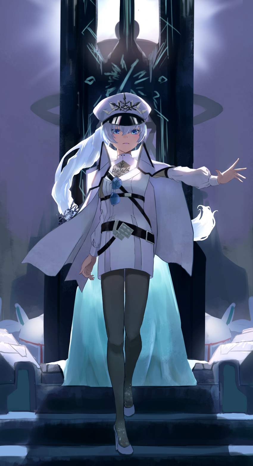 1girl absurdres arm_at_side bangs belt blue_eyes closed_mouth dress eyewear_hang eyewear_removed floating_hair full_body grey_legwear hat high_heels highres military military_hat military_uniform multiple_belts official_alternate_costume open_hand outstretched_arm pantyhose peaked_cap ponytail purple_lips rwby rwby_ice_queendom ryoha_kosako snowflake_print solo stairs standing sunglasses throne uniform weiss_schnee white_dress white_hair