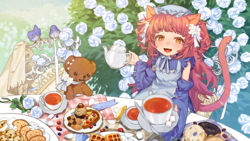 1girl animal_ears apron bangs bird blue_dress blush bush cat_ears cat_tail chair commentary_request cup dessert detached_sleeves doughnut dress flower food highres long_hair looking_at_viewer open_mouth orange_eyes original petals plate sitting stuffed_animal stuffed_toy table tail teacup teddy_bear two_side_up very_long_hair white_apron white_flower yagita_(astronomie)