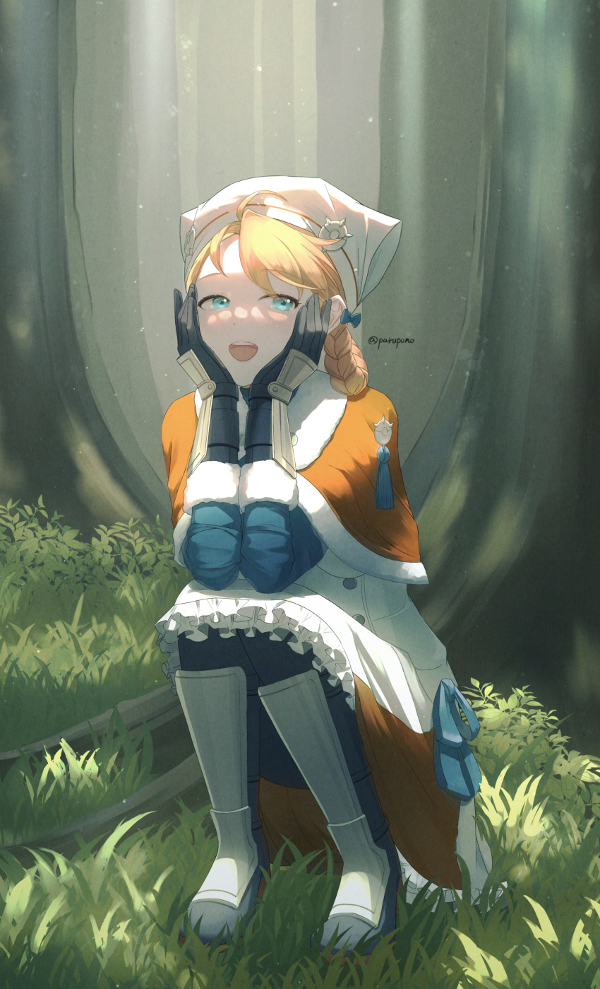 1girl :d absurdres alternate_hairstyle annette_fantine_dominic black_legwear blue_eyes boots braid capelet dappled_sunlight day dress fire_emblem fire_emblem:_three_houses fire_emblem_warriors fire_emblem_warriors:_three_hopes forest grass hands_on_own_cheeks hands_on_own_face highres light_rays looking_to_the_side nature open_mouth orange_hair outdoors parupome shade sitting smile solo sunbeam sunlight tree tree_shade twitter_username white_dress