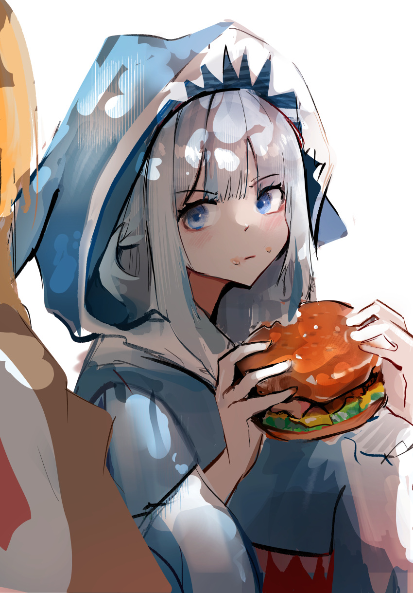 1girl absurdres animal_hood blue_eyes burger closed_mouth eating food food_on_face from_side gawr_gura highres holding holding_food hololive hololive_english hood hood_up hoodie light_blue_hair long_sleeves looking_at_viewer looking_to_the_side medium_hair shark_hood solo upper_body wawamachi_(wawamachis) wide_sleeves