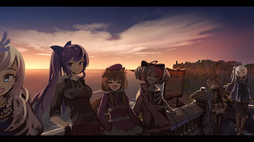 &gt;_&lt; 6+girls :d ^_^ absurdres airani_iofifteen alternate_costume animal_ears anonamos anya_melfissa ayunda_risu backlighting black_gloves blonde_hair blue_eyes blue_sky brown_hair cliff closed_eyes clouds colored_skin commentary drawstring english_commentary fence gloves grey_hair grey_skin hair_bun highres hololive hololive_indonesia hood hood_down hoodie horizon kureiji_ollie location_request long_hair moona_hoshinova multicolored_hair multicolored_skin multiple_girls ocean outdoors patchwork_skin pavolia_reine pink_hair purple_hair redhead shorts side_ponytail sky smile squirrel_ears squirrel_girl stitched_face stitches sunset two-tone_skin two_side_up violet_eyes virtual_youtuber white_hair white_skin zombie