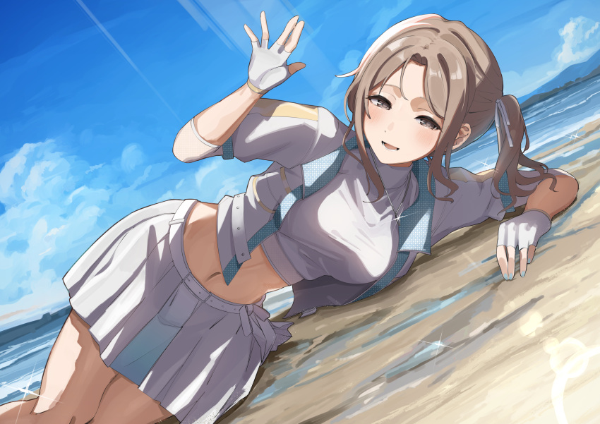 1girl absurdres beach blue_sky brown_eyes brown_hair commentary_request crop_top day dutch_angle fingerless_gloves gloves hair_ribbon highres ichikawa_hinana idolmaster idolmaster_shiny_colors jacket jewelry long_hair lying miniskirt navel necklace ocean on_side outdoors pleated_skirt ribbon short_sleeves side_ponytail skirt sky solo tolkn1 white_gloves white_jacket white_ribbon white_skirt