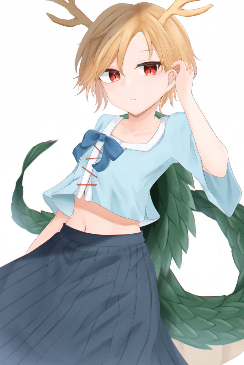 1girl absurdres antlers blonde_hair blue_bow blue_shirt blue_skirt bow commentary_request cowboy_shot dakuazu dragon_girl dragon_horns dragon_tail hand_in_own_hair highres horns kicchou_yachie long_skirt looking_at_viewer red_eyes shirt short_hair simple_background skirt solo tail touhou turtle_shell white_background