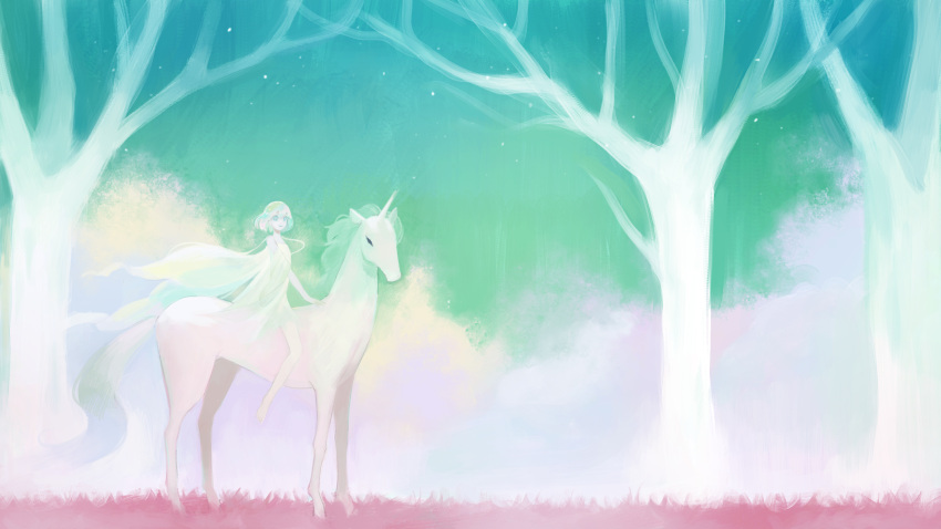 1other androgynous bangs bare_legs barefoot bob_cut cape clouds diamond_(houseki_no_kuni) dress floating_cape forest grass highres houseki_no_kuni mydeerwitch nature night night_sky other_focus outdoors pale_skin riding short_hair sky star_(sky) unicorn white_cape white_dress white_hair white_theme wide_shot wind