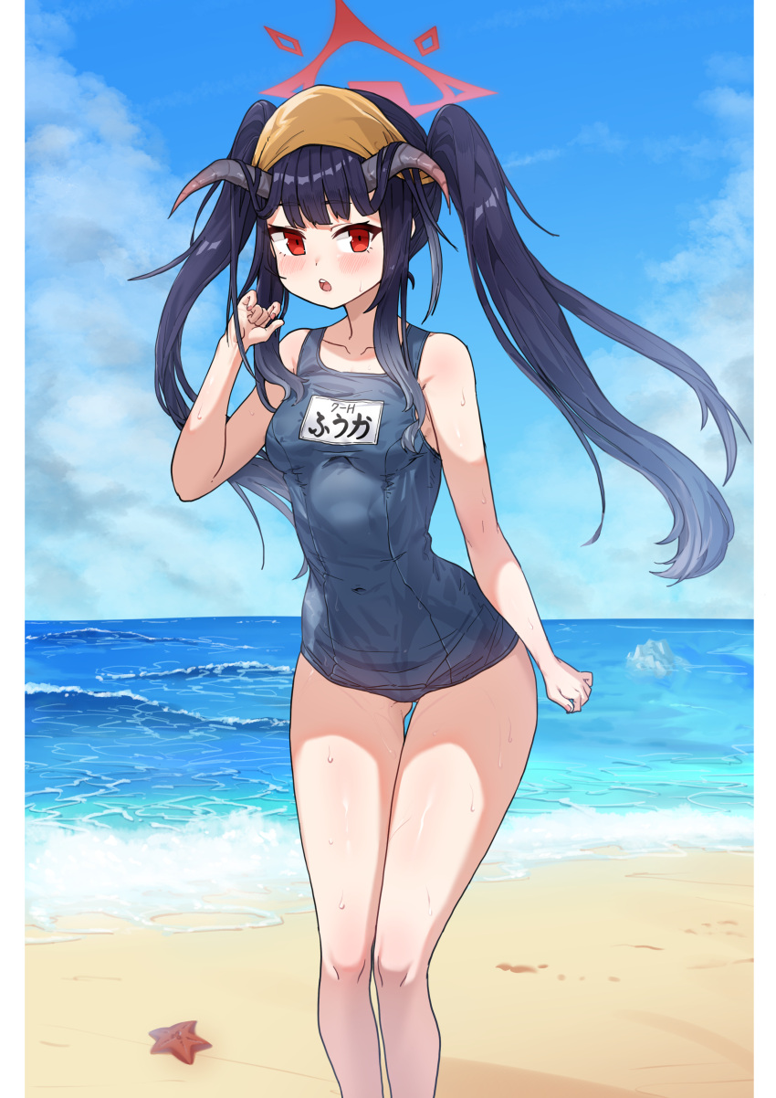 1girl absurdres beach black_hair blue_archive blush breasts collarbone commentary_request dorymin fuuka_(blue_archive) halo highres long_hair looking_at_viewer medium_breasts ocean open_mouth red_eyes school_swimsuit sky solo sweat swimsuit twintails