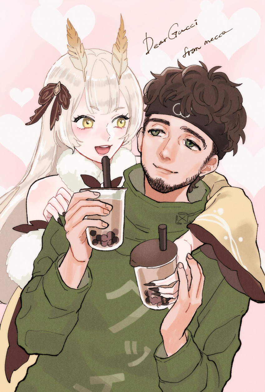 1boy 1girl antennae beard black_headwear black_nails bow brown_bow brown_hair bubble_tea cup detached_sleeves facial_hair fur_scarf green_jacket gucci_(vtuber) hair_bow hand_on_another's_shoulder highres holding holding_cup indie_virtual_youtuber jacket mecca_(pad_f00t) sanagi_yuzu second-party_source smile v-shaped_eyebrows virtual_youtuber yellow_eyes