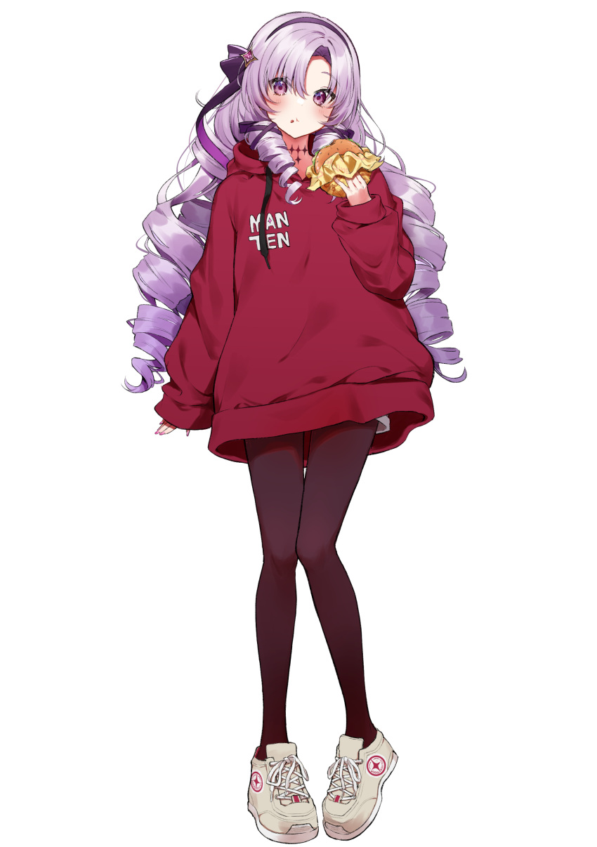 1girl :t absurdres bangs blush brown_legwear burger drill_hair eating food food_on_face full_body hair_between_eyes hair_ribbon hairband hand_up highres holding holding_food hood hoodie hyakumantenbara_salome long_hair long_sleeves mia_(fai1510) nijisanji pantyhose purple_hair purple_hairband purple_ribbon red_hoodie ribbon shoes simple_background solo very_long_hair violet_eyes virtual_youtuber white_background