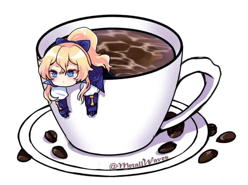 1girl artist_name blonde_hair blue_bow blue_capelet blue_eyes blue_gloves blush bow capelet chibi coffee coffee_beans commentary cup genshin_impact gloves hair_between_eyes hair_bow highres jean_(genshin_impact) long_hair long_sleeves metall_waves minigirl ponytail simple_background solo teacup twitter_username white_background