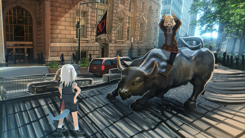 2girls anonamos arms_up blonde_hair blue_footwear blue_skirt boots broadway brown_footwear brown_jacket building car charging_bull city fence finger_horns gawr_gura ground_vehicle hands_on_hips hands_up highres hololive hololive_english jacket lamppost looking_at_another motor_vehicle multiple_girls new_york open_clothes open_jacket riding riding_animal road shirt short_sleeves silhouette sitting skirt standing statue street suspender_skirt suspenders tree two_side_up virtual_youtuber watson_amelia white_hair white_shirt