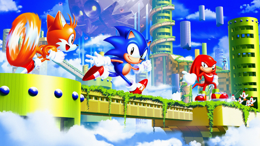 3boys :d absurdres blue_sky closed_mouth clouds fox_boy furry furry_male gloves highres knuckles_the_echidna multiple_boys one_eye_closed open_mouth red_footwear sky smile snout sonic_&amp;_knuckles sonic_(series) sonic_the_hedgehog sonic_the_hedgehog_(classic) tails_(sonic) tripplejaz walking white_gloves