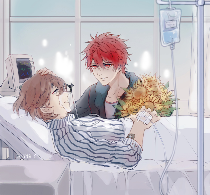 2boys :d bags_under_eyes bed black_jacket blanket brown_hair collared_shirt eye_contact flower grey_eyes grey_shirt hair_between_eyes hand_on_another's_head hand_on_own_stomach highres hospital hospital_bed intravenous_drip ittoki_otoya iv_stand jacket kotobuki_reiji looking_at_another lower_teeth lying male_focus monitor multiple_boys on_back on_bed oxygen_mask parted_lips privacy_screen red_eyes redhead shirt short_hair smile striped striped_shirt sunflower table teeth upper_body uta_no_prince-sama white_shirt xue_ezi