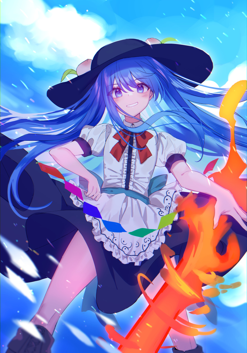 1girl absurdres bangs black_headwear blue_eyes blue_hair blue_sky bow bowtie center_frills clouds food frills fruit hat highres hinanawi_tenshi holding holding_sword holding_weapon kanta_(pixiv9296614) leaf long_hair looking_at_viewer outdoors peach puffy_short_sleeves puffy_sleeves rainbow_order red_bow red_bowtie shirt short_sleeves skirt sky smile solo standing sword sword_of_hisou touhou weapon white_shirt