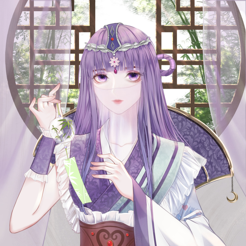 1girl bamboo closed_mouth curtains glass hair_ornament hair_rings highres long_hair purple_hair qin_shi_ming_yue round_window shao_siming_(qin_shi_ming_yue) shao_siming_guang_wei solo upper_body vegetation veil window