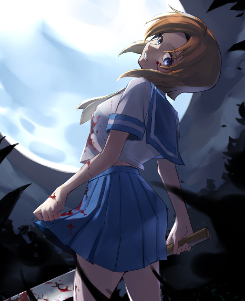 1girl blood blood_on_face blue_eyes blue_sailor_collar blue_skirt brown_hair collared_shirt from_side grin head_tilt higenoyatsu highres higurashi_no_naku_koro_ni holding holding_weapon looking_at_viewer medium_hair miniskirt moon neckerchief night pleated_skirt ryuuguu_rena sailor_collar school_uniform serafuku shirt short_sleeves skirt smile solo weapon white_neckerchief white_shirt