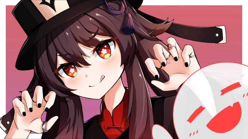 1girl :q =_= bangs black_headwear black_nails blush brown_hair brown_jacket claw_pose closed_mouth commentary english_commentary flower-shaped_pupils genshin_impact ghost hair_between_eyes hands_up hat highres hu_tao_(genshin_impact) jacket jewelry leaning_to_the_side long_hair nail_polish red_eyes red_shirt ring shirt smile solo sylphine symbol-shaped_pupils tongue tongue_out